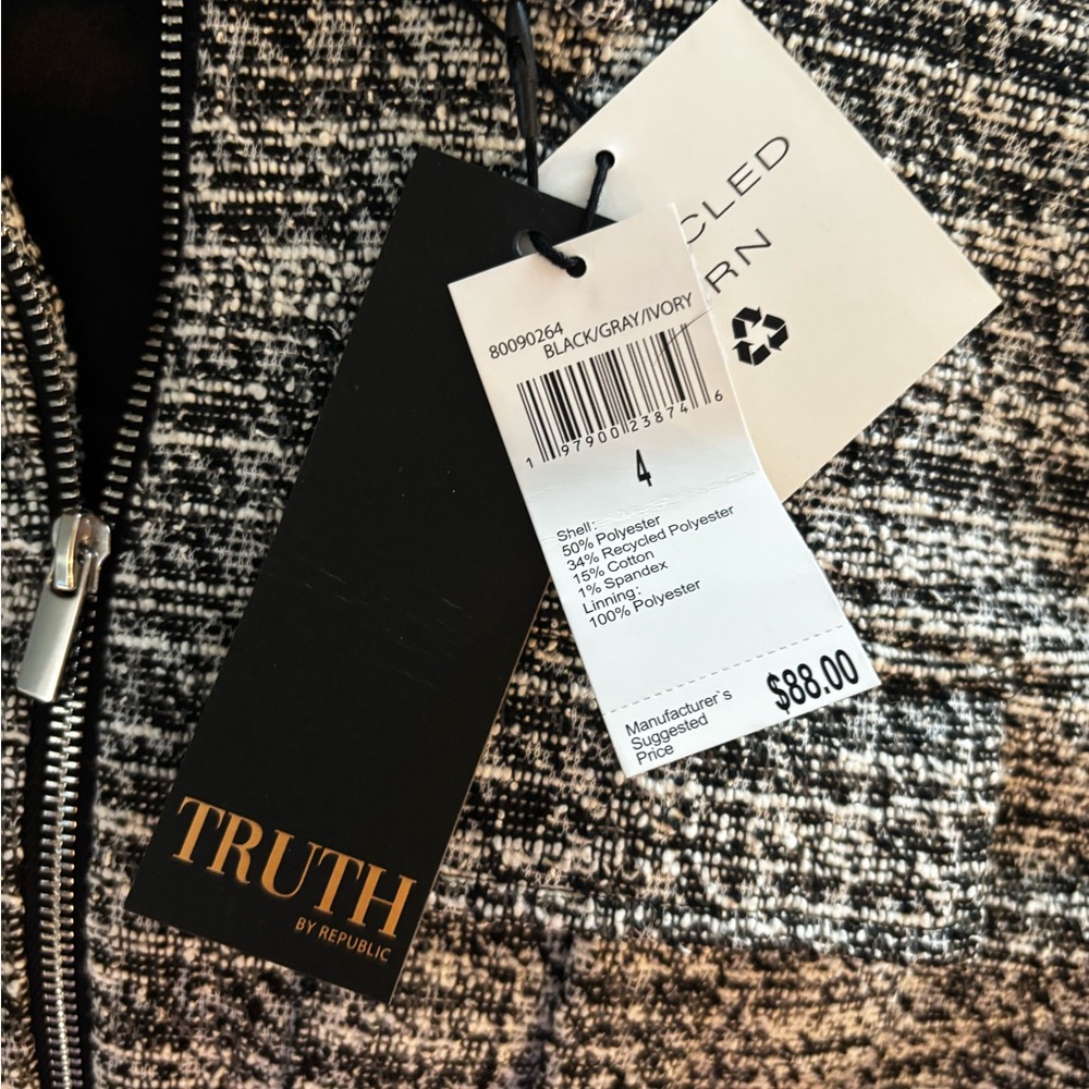 Truth Black & White Tweed Cropped Zip Jacket - Picture 4 of 5